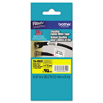 Brother TZEFX631 TZe Flexible Labeling Tape for P-Touch Labelers, 1/2in x 26.2ft, Blk on Yellow