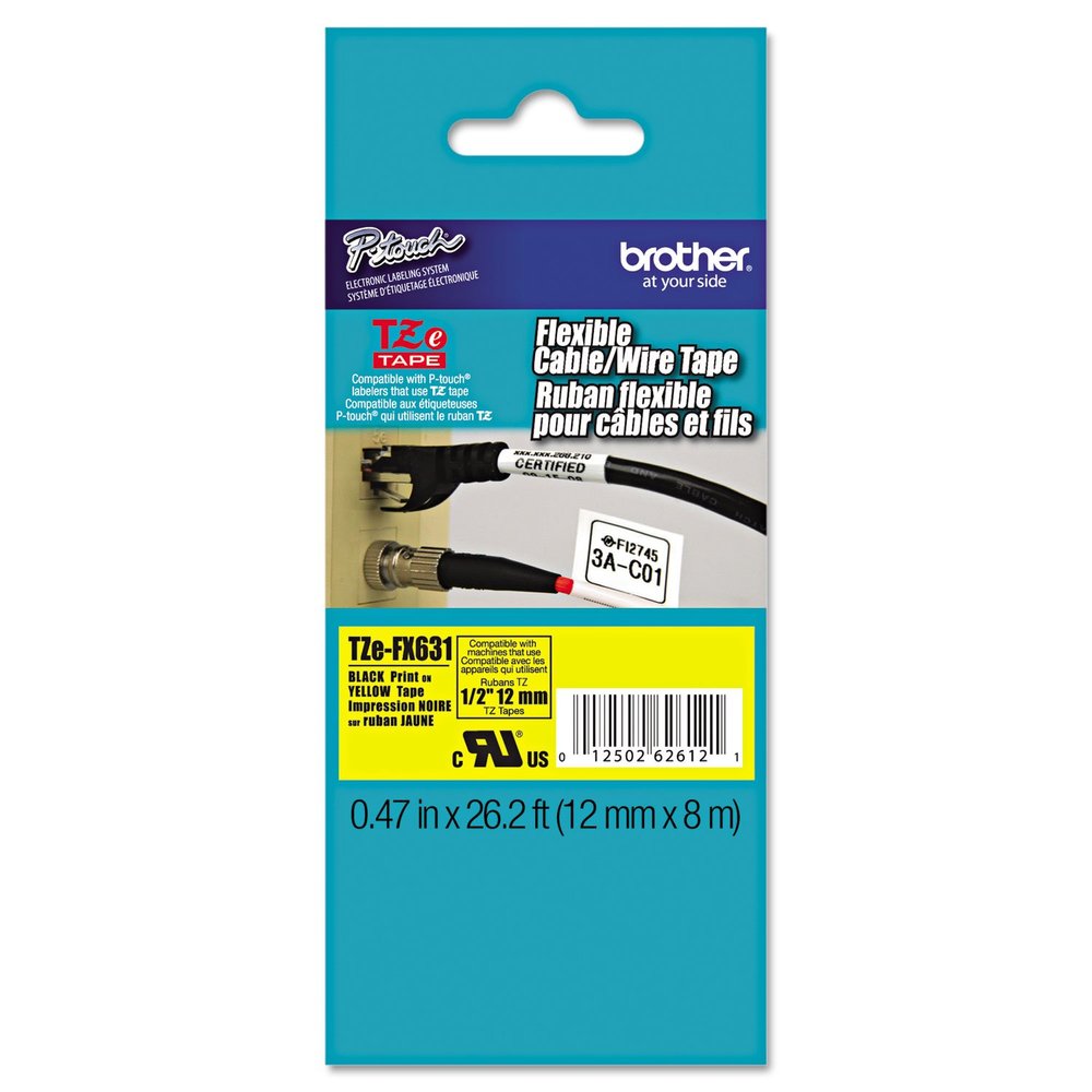 Brother TZEFX631 TZe Flexible Labeling Tape for P-Touch Labelers, 1/2in x 26.2ft, Blk on Yellow