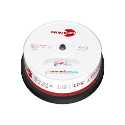 Primeon BD-R 25GB/2-10x Cakebox (10 Disc), Photo-on-disc ultragloss Surface, Water Resistant Inkjet Fullsize Printable