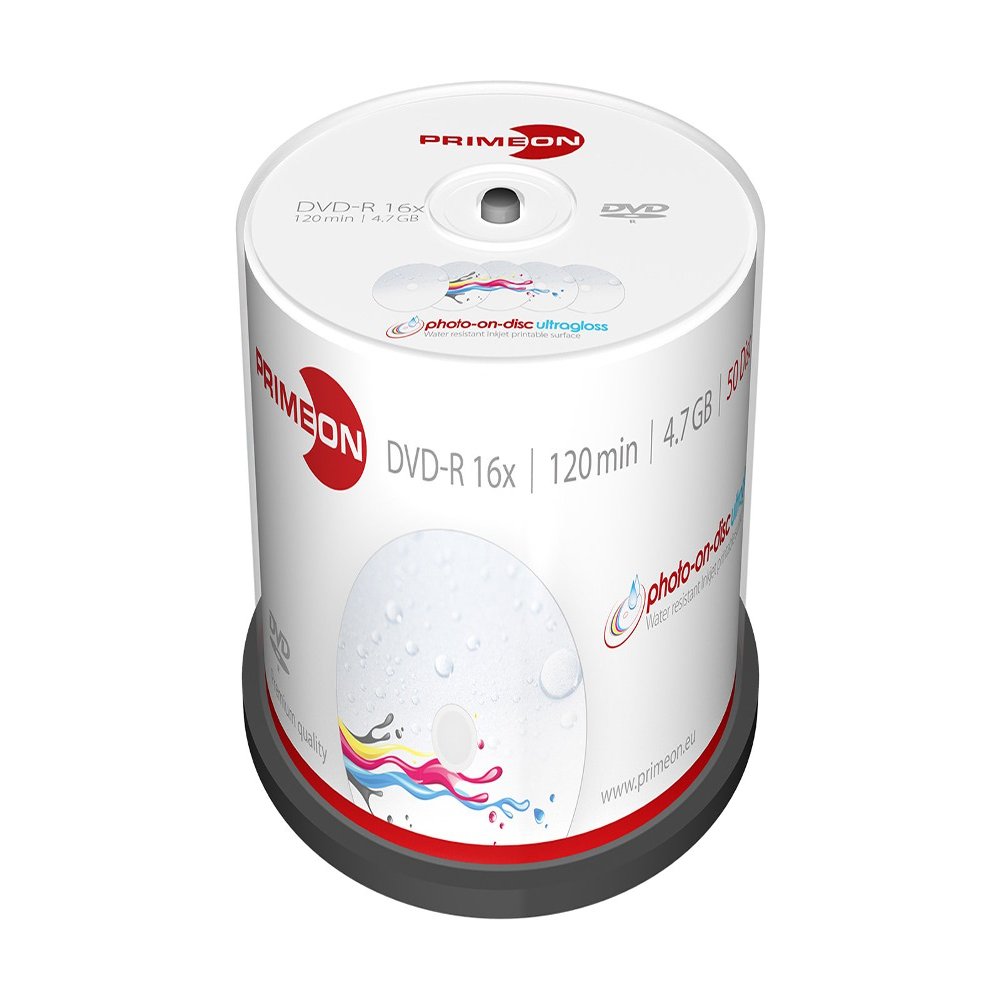 Primeon DVD-R 4.7GB/120Min/16x Cakebox (50 Disc), Photo-on-disc ultragloss Surface, Water Resistant Inkjet Fullsize Printable
