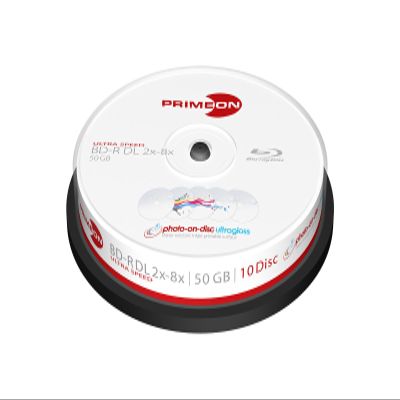Primeon BD-R DL 50GB/2-8x Cakebox (10 Disc), Photo-on-disc ultragloss Surface, Water Resistant Inkjet Fullsize Printable