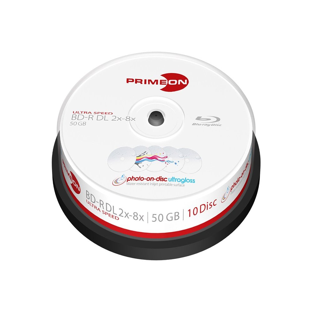 Primeon BD-R DL 50GB/2-8x Cakebox (10 Disc), Photo-on-disc ultragloss Surface, Water Resistant Inkjet Fullsize Printable