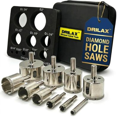 Drilax Diamond Hole Saw Kit for Tile and Glass, 10 Pc Drill Bit Set 1/4 to 2 Inch with Guide, Ceramic Porcelain Granite Stone Core Bits for Drill, Circle Cutter for Faucet Drain Installation
