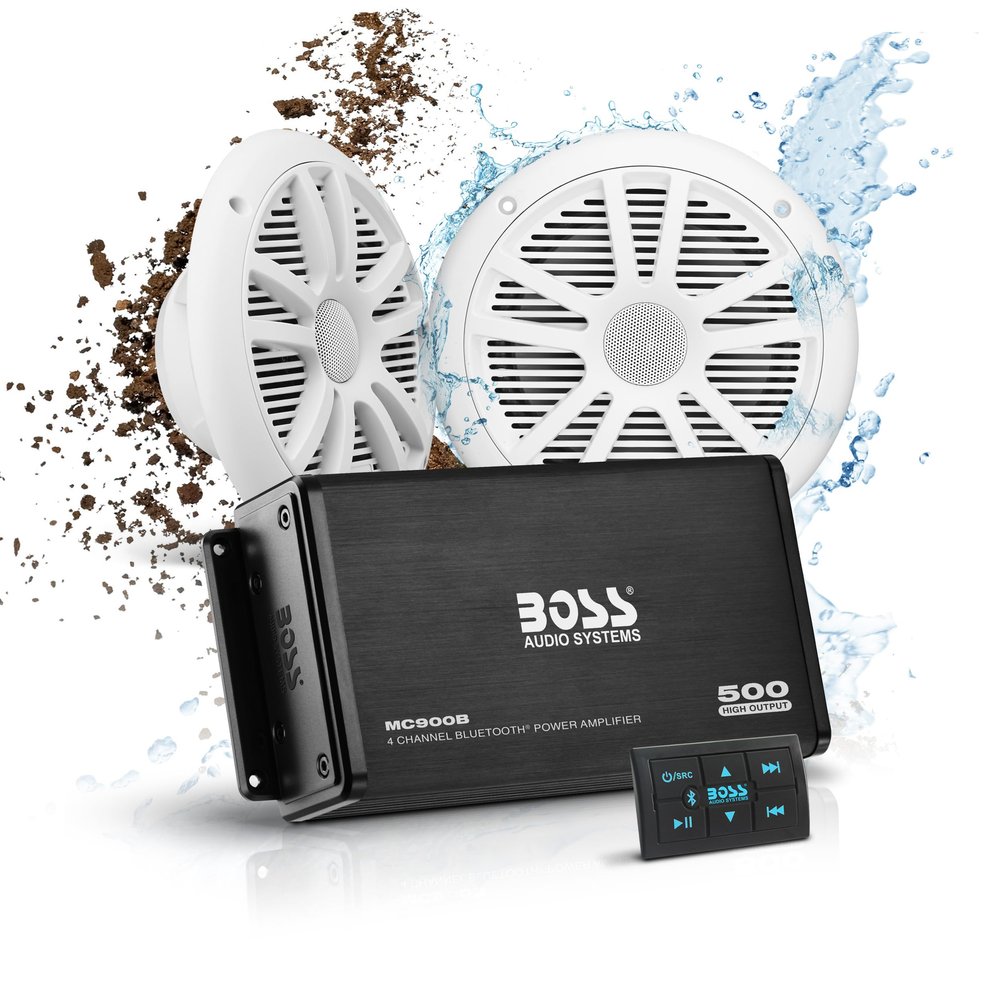 BOSS Audio Systems ASK902B.6 Marine Boat 6.5 inch Speakers and 4 Channel Amplifier Package - 500 High Output, Bluetooth Remote, Waterproof Pouch
