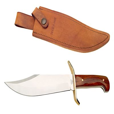 Bear & Son Gold Rush Cocobolo Bowie Knife w/ Leather Sheath Large Full Tang Fixed Blade, Sandvik 12C27M Stainless Clip Point Bowie, Satin Finish, Brass Guard, Cocobolo Handle, USA Made, Belt Carry