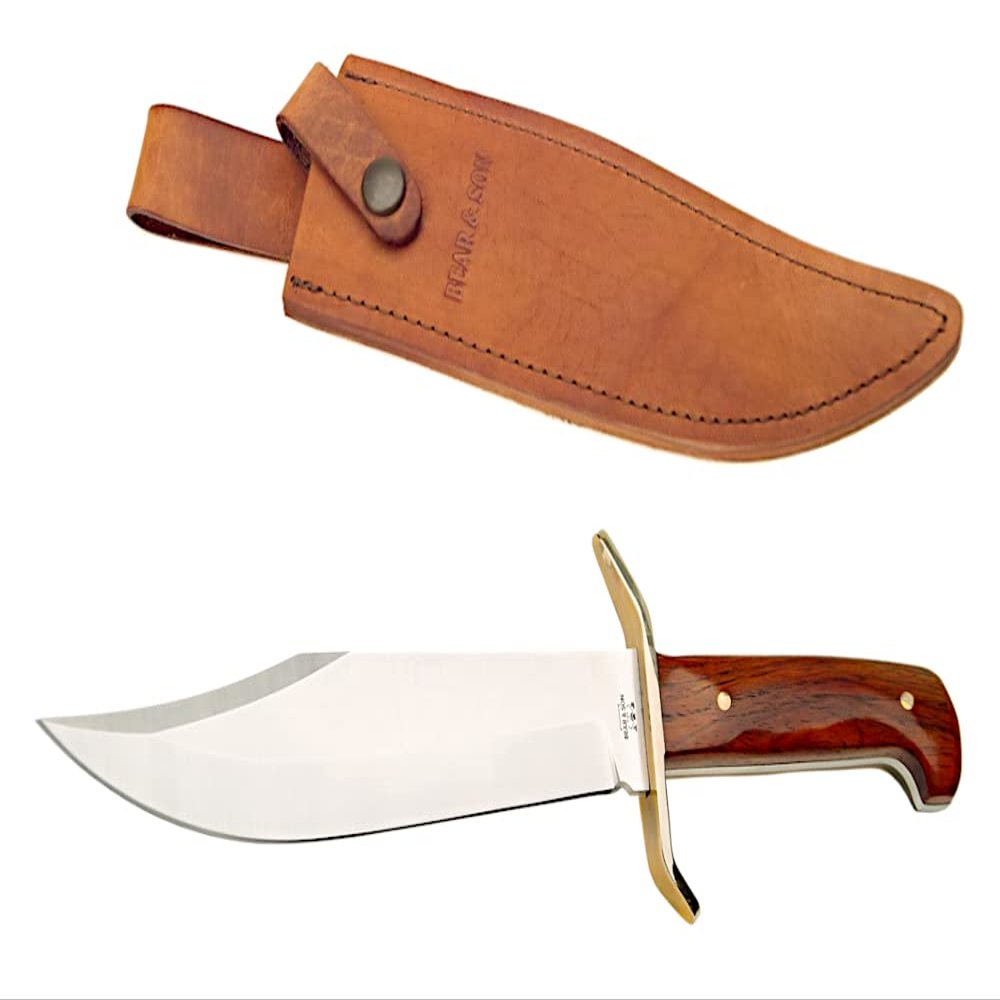 Bear & Son Gold Rush Cocobolo Bowie Knife w/ Leather Sheath  Large Full Tang Fixed Blade, Sandvik 12C27M Stainless Clip Point Bowie, Satin Finish, Brass Guard, Cocobolo Handle, USA Made, Belt Carry