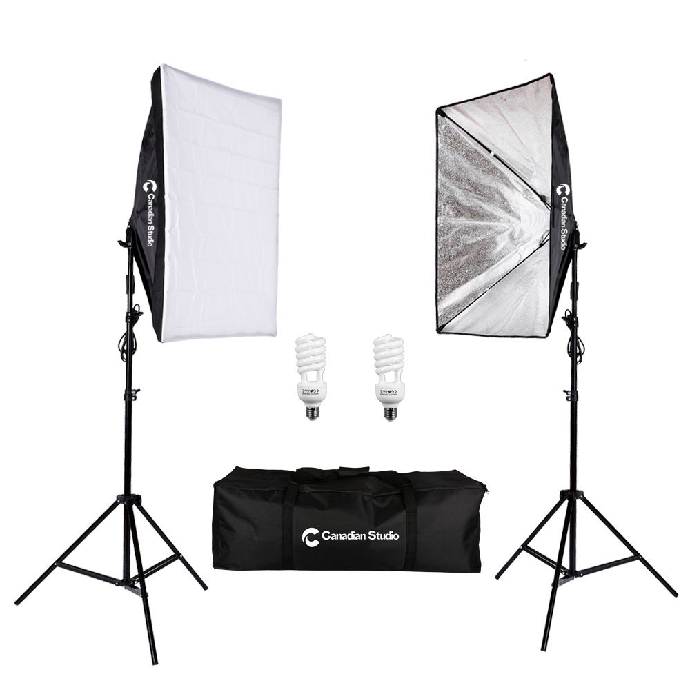 CanadianStudio Pro Rapid softbox Continuous Lighting kit for Photography Softbox Fluorecent Video Studio Light Kit 2 x softbox 2X 45 watt 5500K Fluorescent Light Bulbs 2X 7' Fully Adjustable Stands