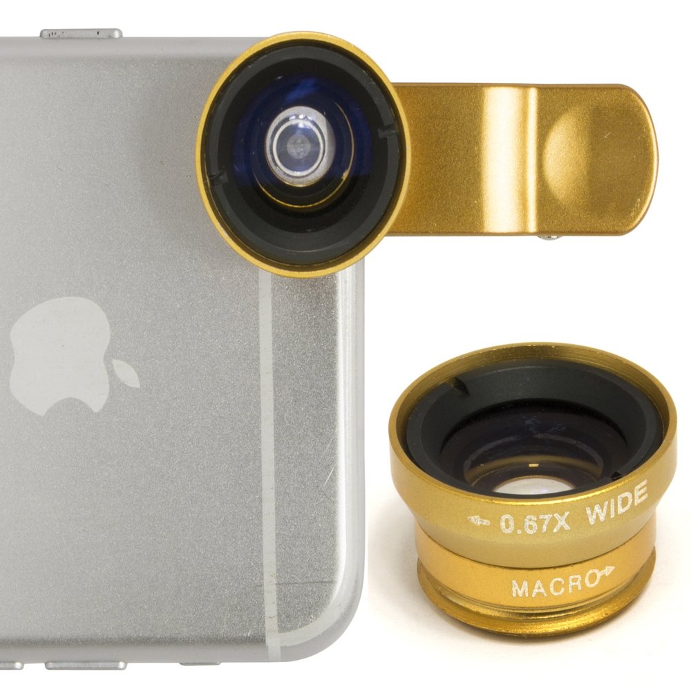 Bastex 3-in-1 180 Degree Fish Eye Len, Macro Angle Len and Wide Angle Len Camera Lens Kit with Clip-On and Black Carrying Pouch for Smartphones - Gold