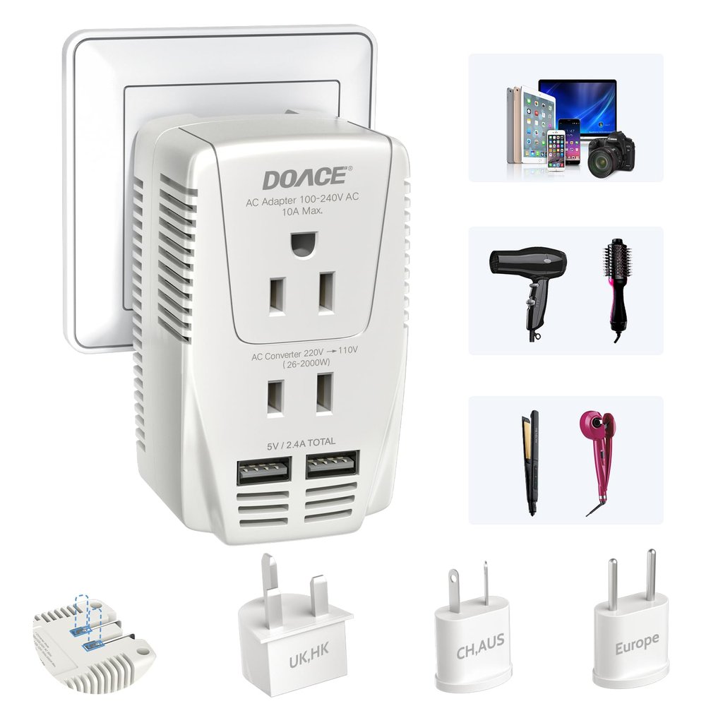 Upgraded 2000W 220V to 110V Converter for European Travel, Voltage Converter US to Europe for Hair Dryer Straightener Curling Iron, 2300W Adapter with EU/UK/AU/US Plugs for Laptop Camera Cell Phone