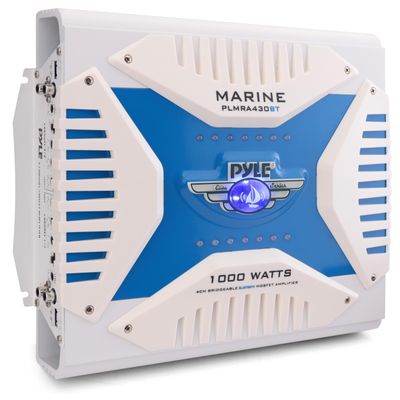 Pyle 2.1 Bluetooth Marine Amplifier Receiver - Waterproof 4 Channel Wireless Bridgeable Audio Amp for Stereo Speaker with 1000 Watt Power Dual MOSFET Supply, GAIN Level and LED Indicator - PLMRA430BT