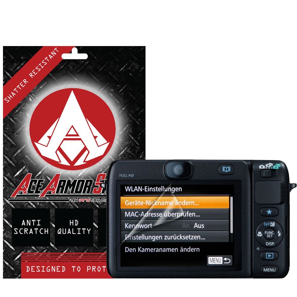 Ace Armor Shield Shatter Resistant Screen Protector for the Canon PowerShot N100 / Military Grade / High Definition / Maximum Screen Coverage / Supreme Touch Sensitivity /Dry or Wet Easy Installation with free lifetime replacement warranty