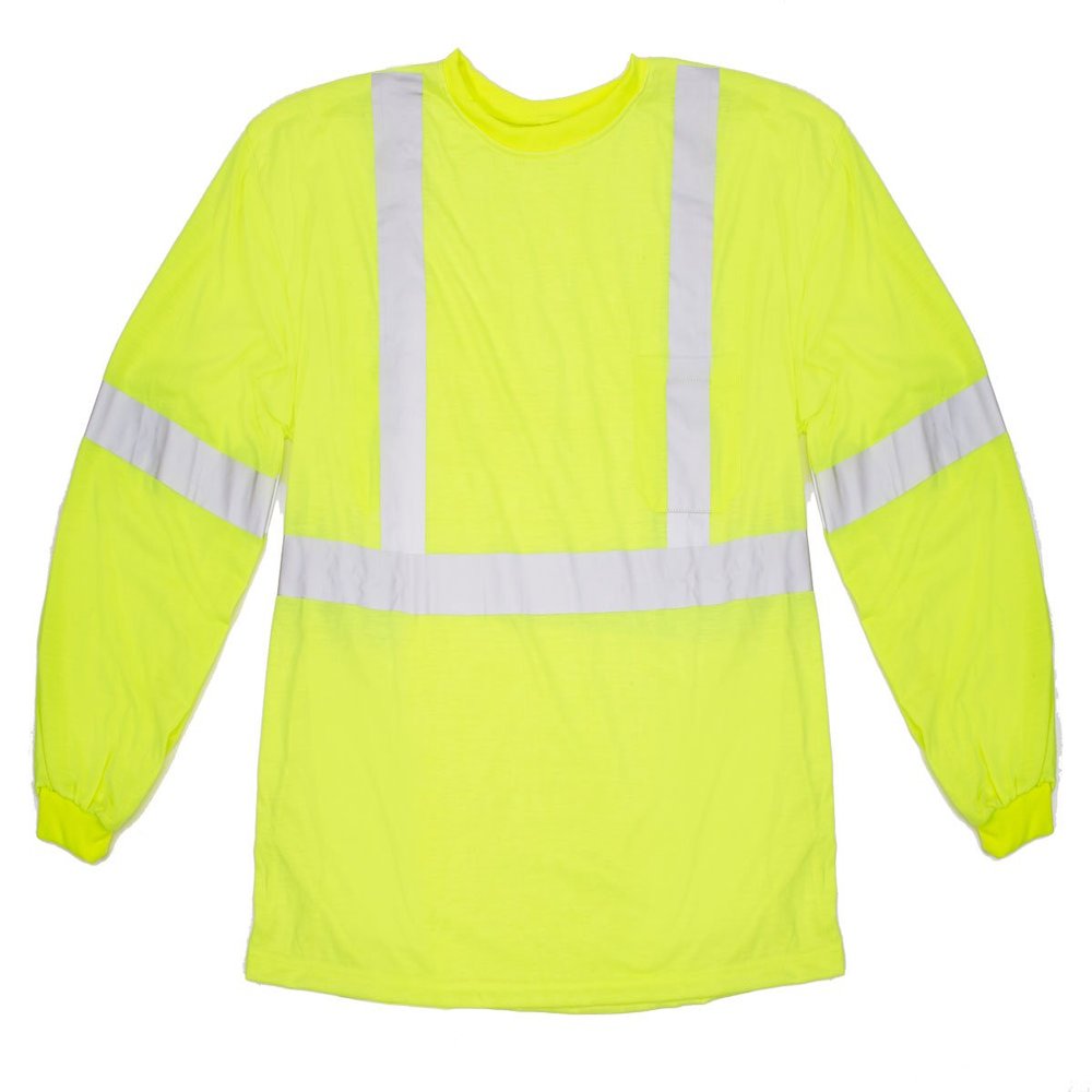 Mutual Industries ANSI Class 3 Polyester Long Sleeve Tee with 2" Silver Reflective Tape, Medium, Lime