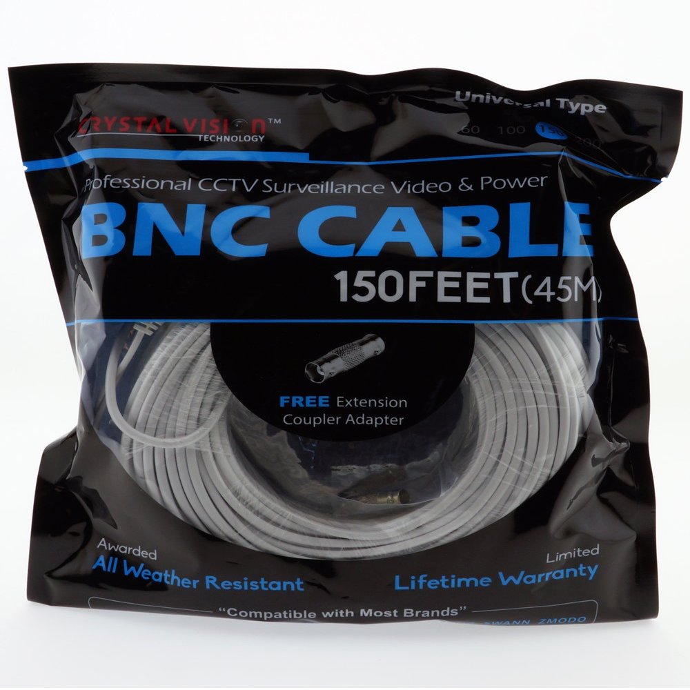 Crystal Vision Premium Video Power BNC Combo Cable for Swann, Q-See, Lorex 720P BNC System w/coupler (150ft)