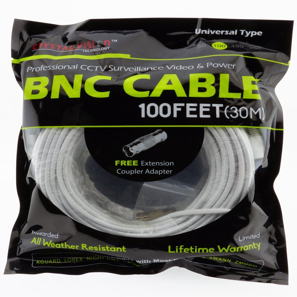 Crystal Vision Premium Video Power BNC Combo Cable for 720HD CVI, TVI, AHD w/coupler - Professional Grade (100ft)