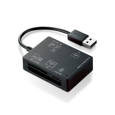 Elecom MR-A012BK Card Reader, USB 2.0, Integrated Cable, Compact Model, Compatible with 58 Media, Black