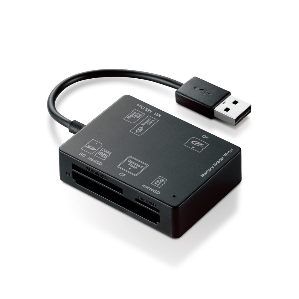 Elecom MR-A012BK Card Reader, USB 2.0, Integrated Cable, Compact Model, Compatible with 58 Media, Black