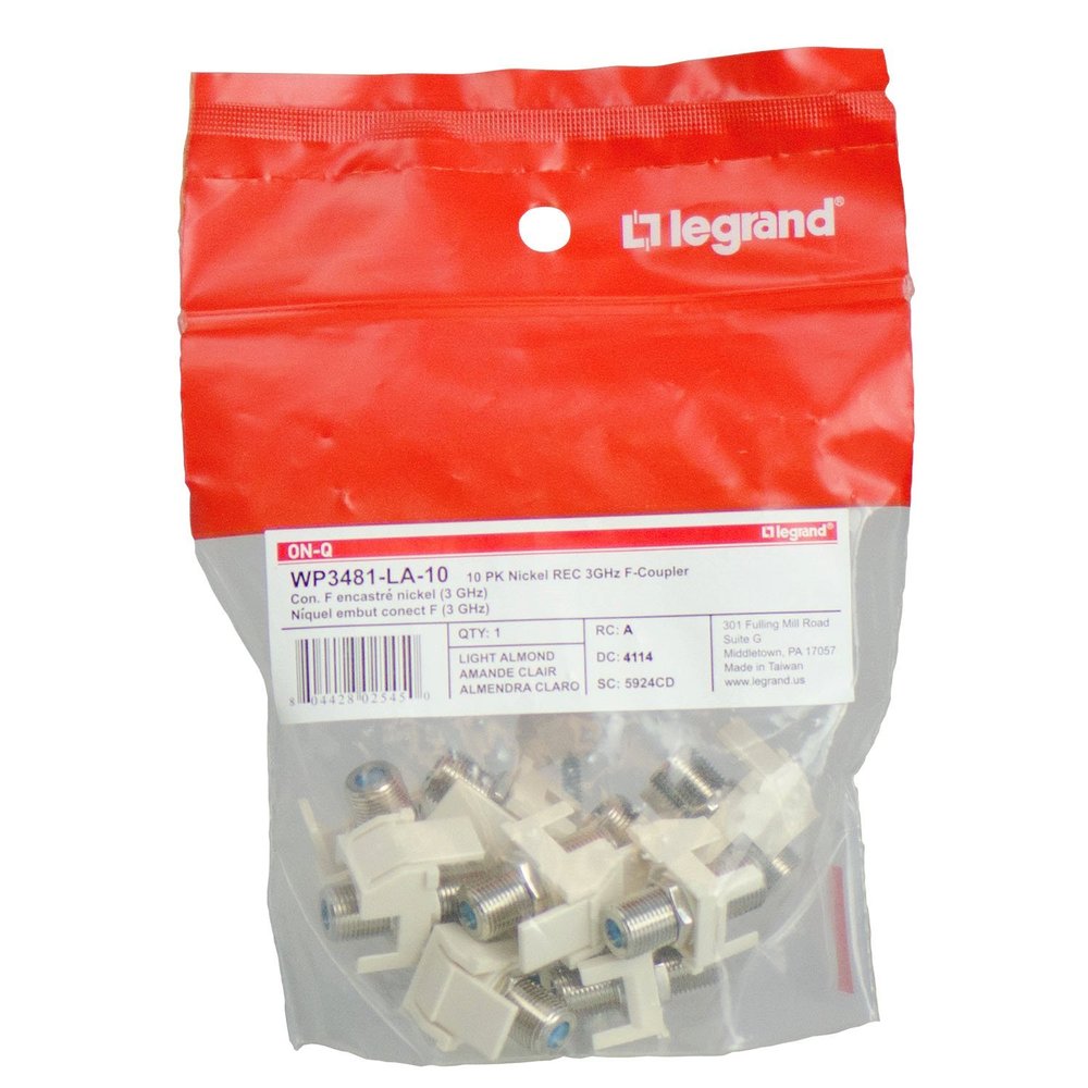 Legrand - OnQ F Keystone Connector, Recessed Keystone Coax Insert, Nickel-Plated 1GHz Keystone F-81 Coupler, Keystone Insert, Light Almond, 10 Count, WP3481LA10
