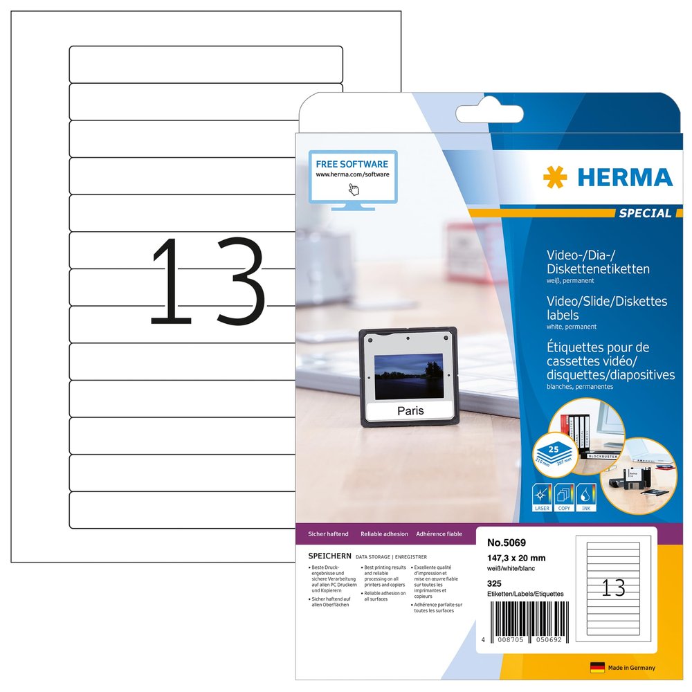 Herma 5069 Video Labels for VHS Cassette Spine DIN A4 Set of 32 (147.3 x 20 mm, 800 Sheets, Matte) Self-Adhesive, Printable, Permanently Adhesive VHS Stickers, 10,400 Adhesive Labels, White