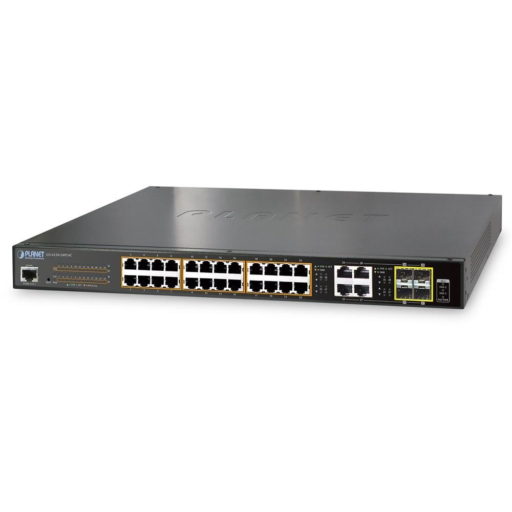 Planet IPv6/IPv4, 24-Port Managed 802.3at POE+ Gigabit Ethernet, GS-4210-24PL4C (802.3at POE+ Gigabit Ethernet Switch + 4-Port Gigabit Combo TP/SFP (440W))