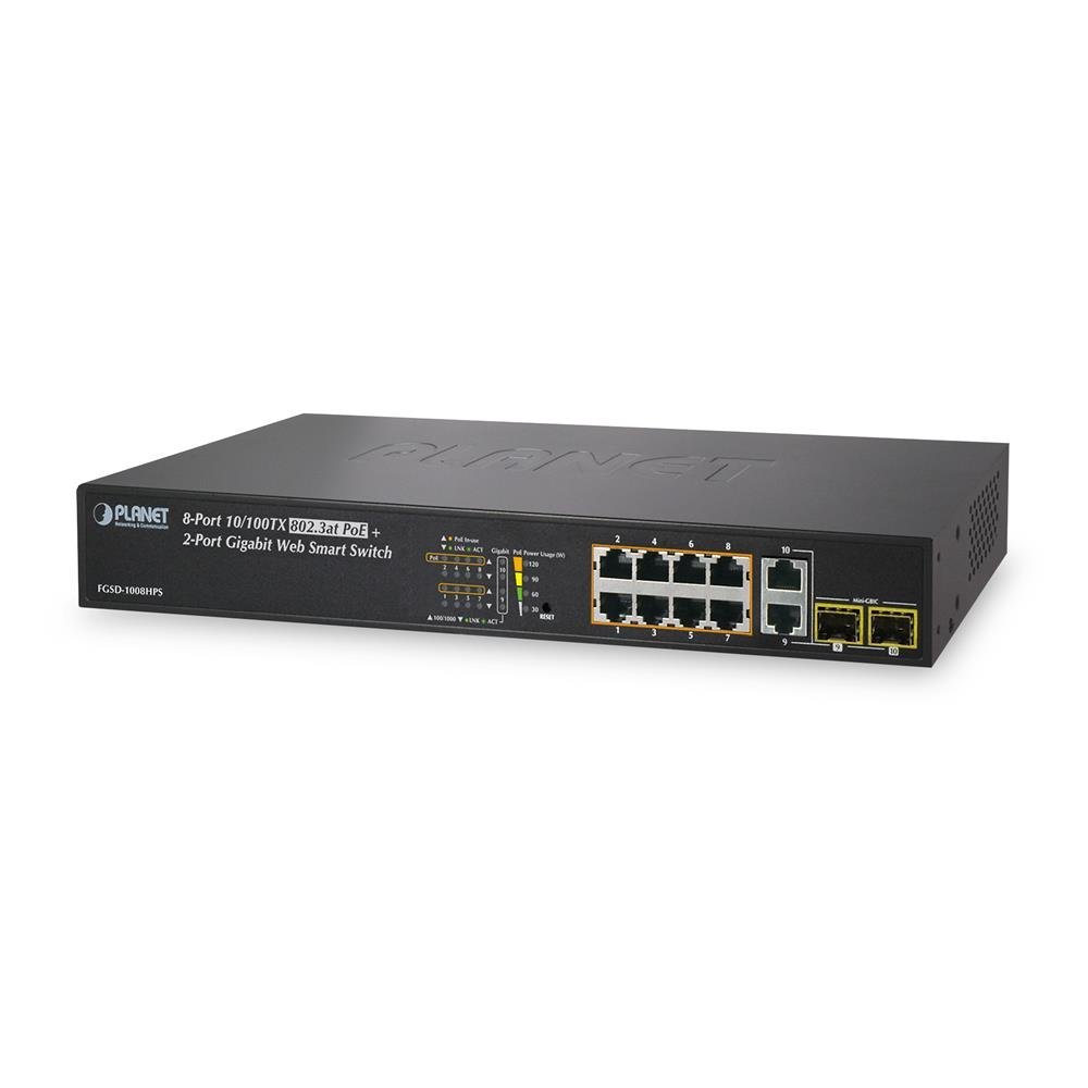 Planet FGSD-1008HPS Network Switch Fast Ethernet (10/100) Black 1U Power Over Ethernet (PoE) - Network Switches (Fast Ethernet (10/100), Full Duplex, Power Over Ethernet (PoE), 1U)