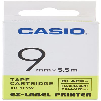 Casio EZ-Label Printer XR-9FYW Fluorescent Label Tape Self-Adhesive 9mm x 5.5m Black on Yellow