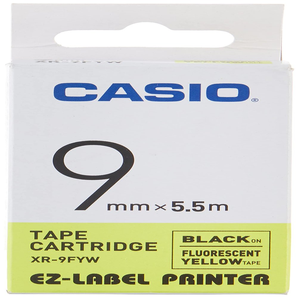 Casio EZ-Label Printer XR-9FYW Fluorescent Label Tape Self-Adhesive 9mm x 5.5m Black on Yellow