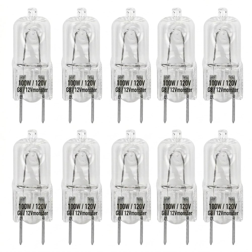 12Vmonster Specialty Lighting Value 10 Pack G8 100W 120V Dimmable Halogen Light Bulb Replacement Puck Lighting Under Counter Range Hood Appliance Kitchen Lamp 2 Prong Clear Lense 100 Watt Warm White
