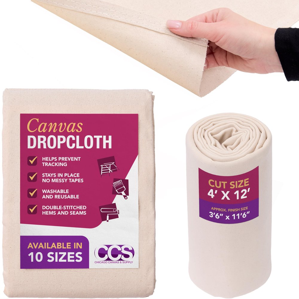 CCS Canvas Drop Cloth for Painting  All Purpose Cotton Duck Cloth Tarp for Curtains, Tablecloths, Backdrops  Washable & Reusable Floor Cover & Dust Sheet for Furniture (4x12 Ft)