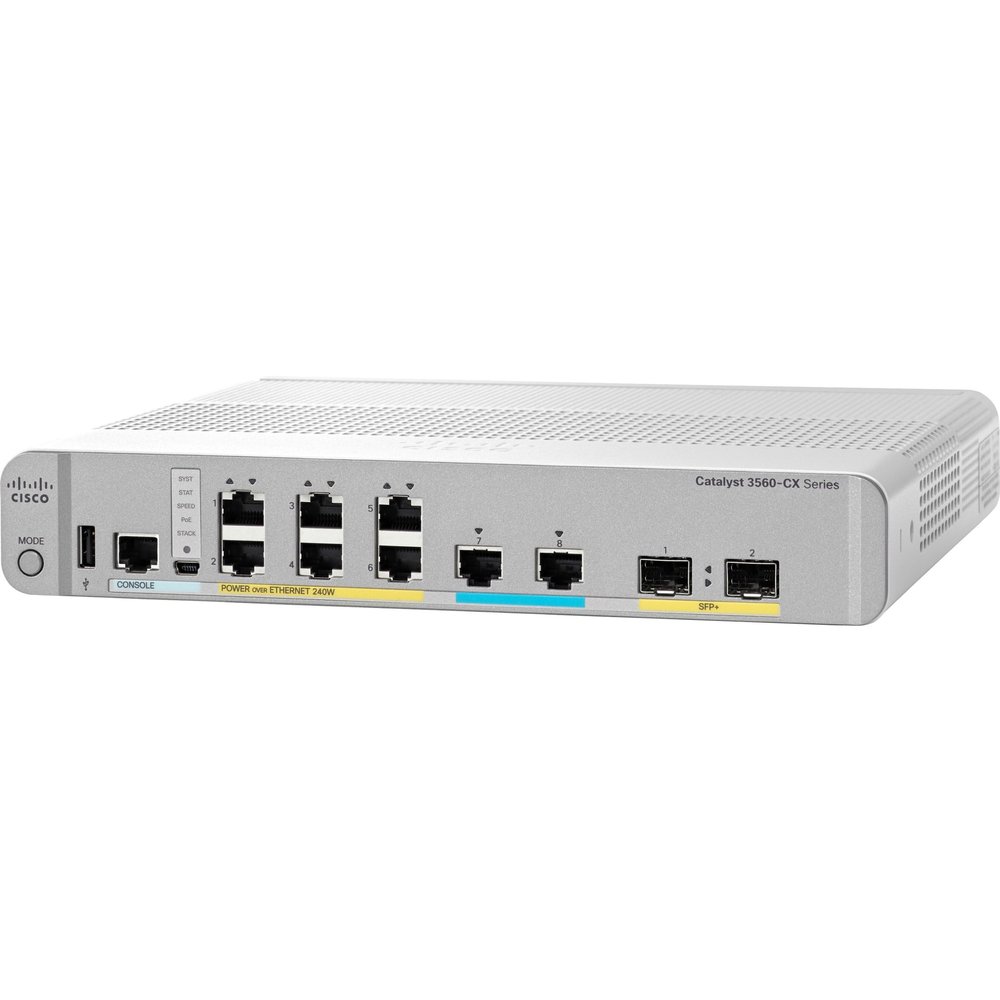 Cisco WS-C3560CX-8XPD-S Catalyst 3560CX-8XPD-S - Switch - managed - 8 x 10/100/1000 (PoE+) + 2 x combo 10 Gigabit SFP+ - desktop, rack-mountable, DIN rail mountable, wall-mountable - PoE+