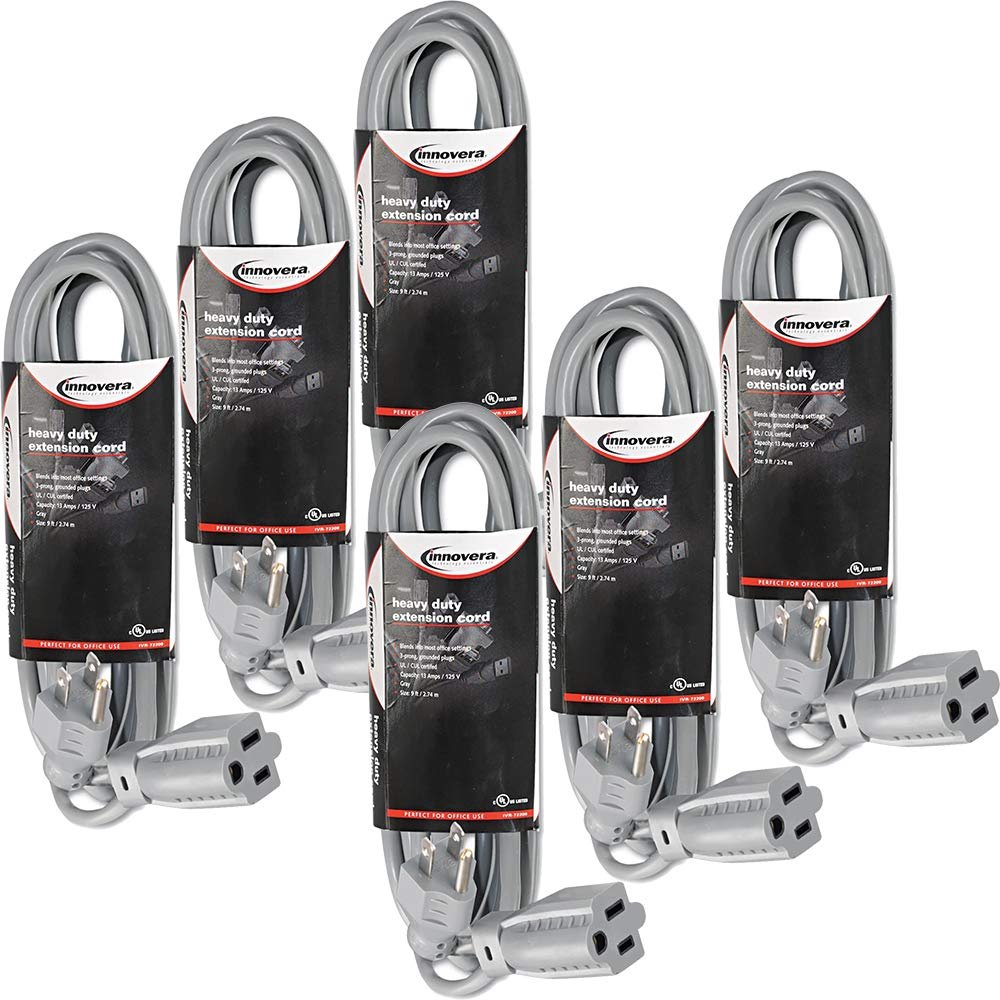 (6 Pack Value Bundle) IVR72209 Indoor Heavy-Duty Extension Cord, 9 Feet, Gray