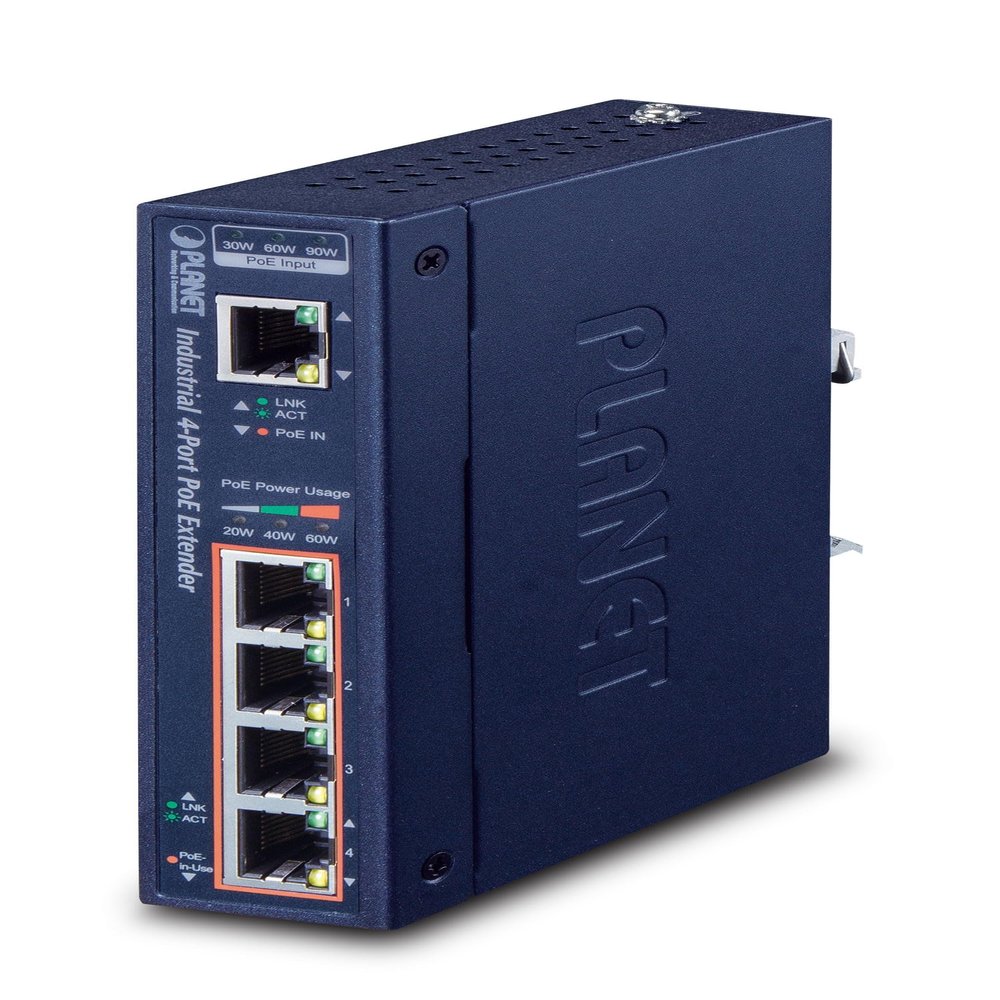 Planet IP30 Industrial 1-Port 60W Ultra POE to 4-P 802.3af/at, IPOE-E174 (Ultra POE to 4-P 802.3af/at Gigabit POE Extender (-40 to 75 C))