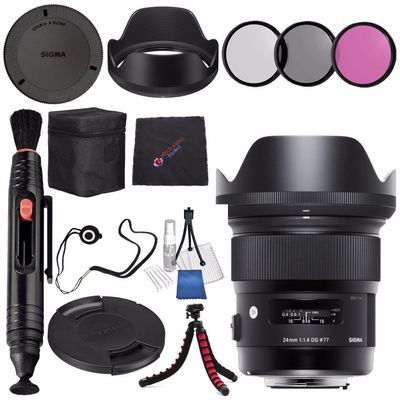 Sigma 24mm f/1.4 DG HSM Art Lens for Nikon F #401306 + 77mm 3 Piece Filter Kit + Lens Pen Cleaner + Microfiber Cleaning Cloth + Flexible Tripod Bundle (International Model No Warranty)