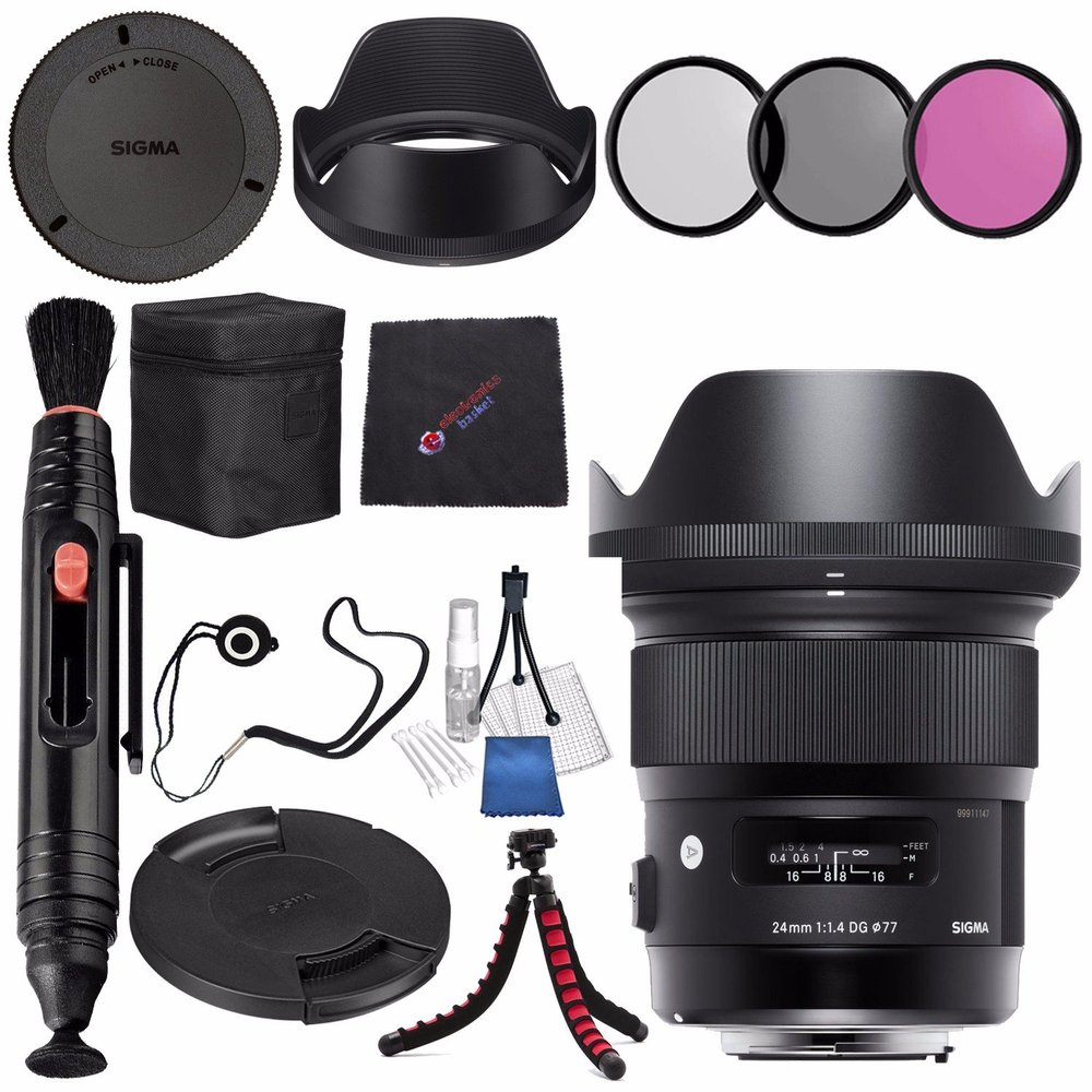 Sigma 24mm f/1.4 DG HSM Art Lens for Nikon F #401306 + 77mm 3 Piece Filter Kit + Lens Pen Cleaner + Microfiber Cleaning Cloth + Flexible Tripod Bundle (International Model No Warranty)