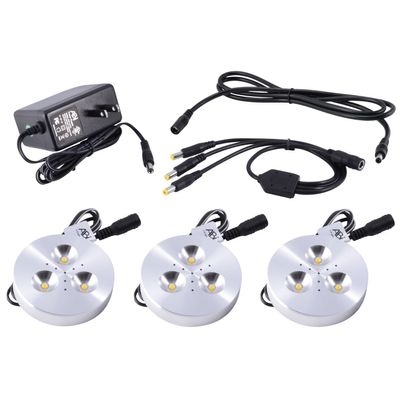 3X ABI 3W LED Puck Light Complete Kit for Under Cabinet, Bookshelf, and Showcase Lighting, 240lm, Cool White 6000K, 25W Halogen Equivalent