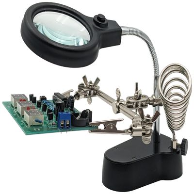 Helping Hand Project Holder Soldering Aid with Flexible 2.5x Magnifying Glass, LED Lights, and Soldering Iron Holder - by Electronix Express