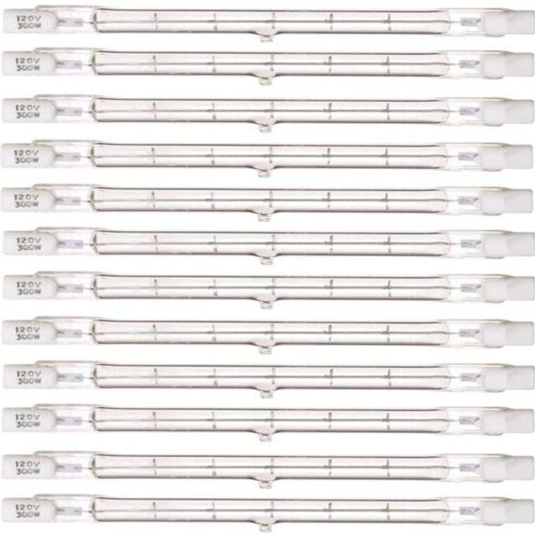 Satco S3104 Model 300T3Q/Cl Light Bulb, 300 Watts, 120 Voltage, 5300 Initial Lumens, T3 Lamp Shape, Double Ended Base, R7s ANSI Base, 4-11/16'' MOL, 0.38'' MOD, 1500 Average Rated Hours, Pack of 12