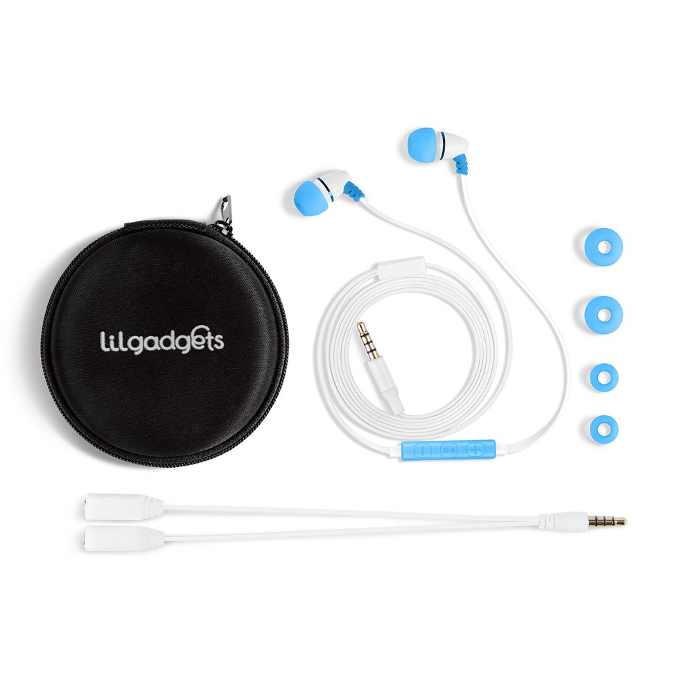LilGadgets BestBuds Ear Buds for Kids for School - Safe & Comfortable, Volume Limited, Wired Earbuds for Kids with an in-Line Microphone, Travel Case, and Splitter - Blue