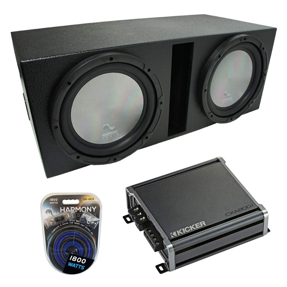 Harmony Audio A102 Bundle with Universal Car Stereo Rhino Coated Ported Dual 10" Sub Box & CXA600.1 (Renewed)