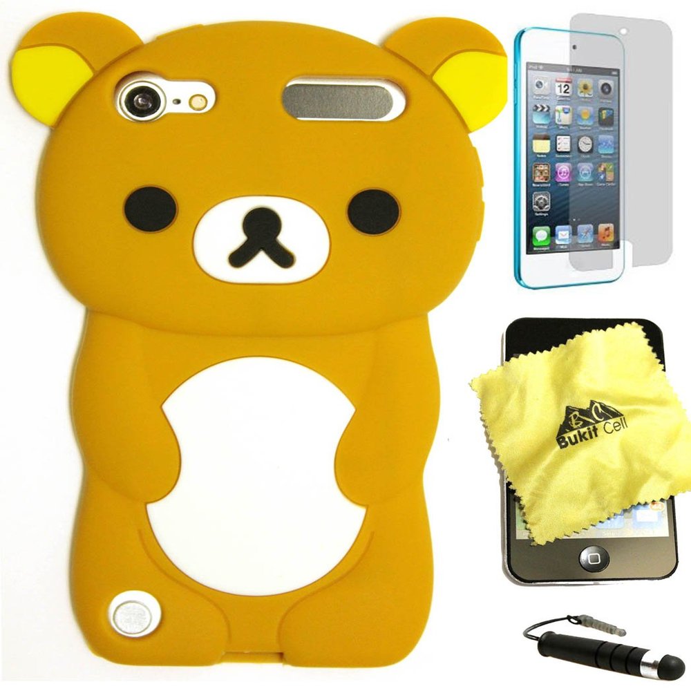 Bukit Cell 3D Cartoon Bundle 4 Items: Brown Bear Silicone Cartoon Cute Lovely Fun Case for iPod Touch 6th /5th Generation + Screen Protector +Bukit Cell  Metallic Stylus Touch Pen, Cleaning Cloth