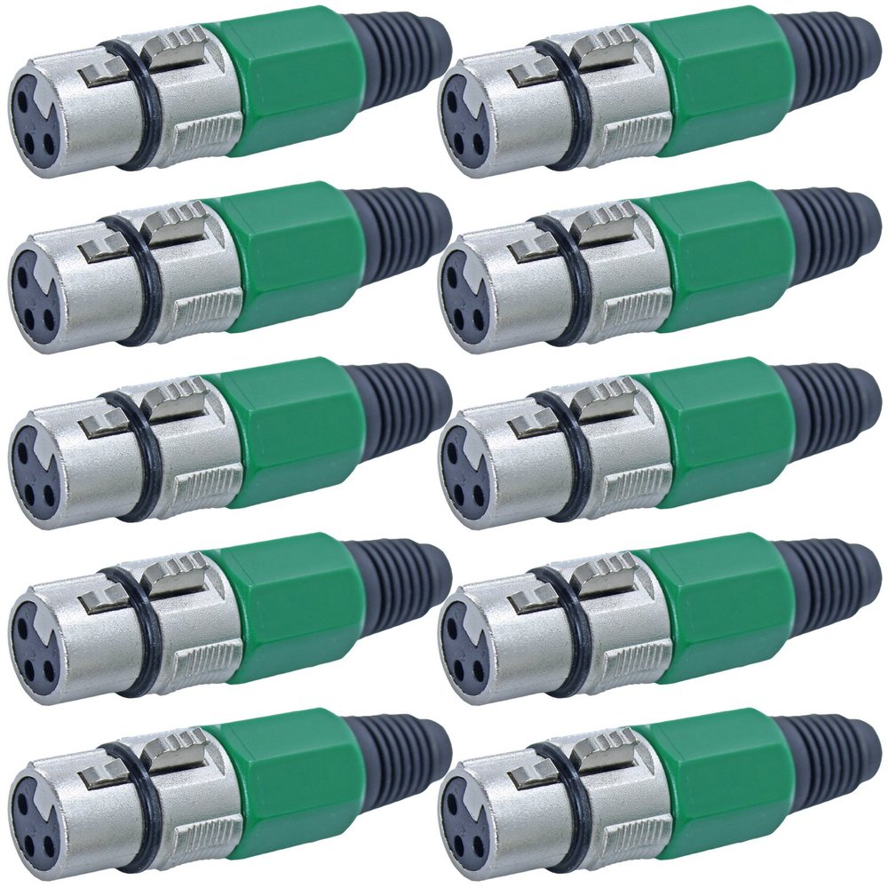 10 Pack: XLR Connector with Rubber Boot Serviceable (Green, Female Xlr)