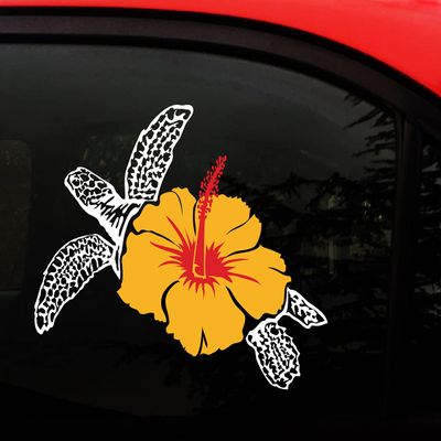 AmiArt Hawaii Decal - 8" x 7" inches - Turtle and Yellow and RED Hibiscus Flower - Vinyl - Decal for Wall/Laptop/Car/Truck/Window