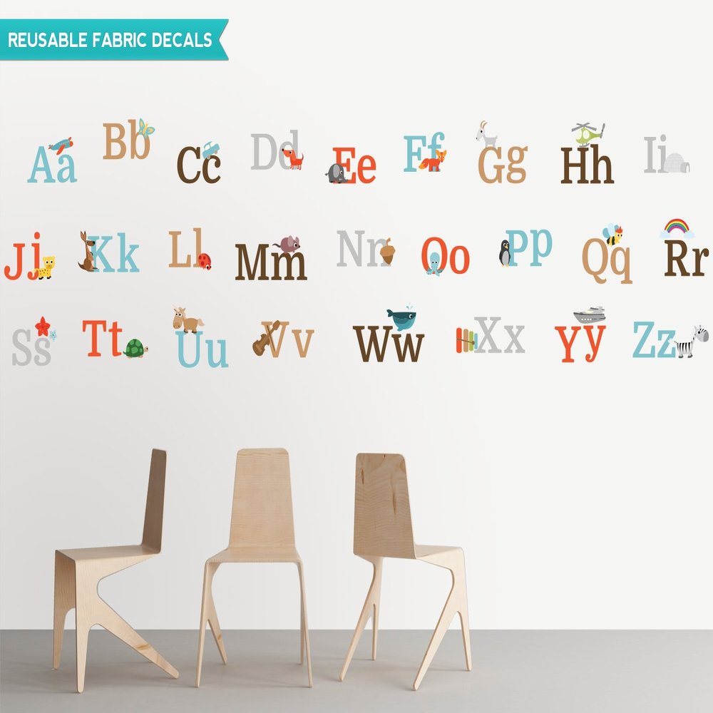 Alphabet Fun Fabric Wall Decals - Uppercase and Lowercase - Repositionable and Reusable, ABC Decals with Animals and Fun Characters