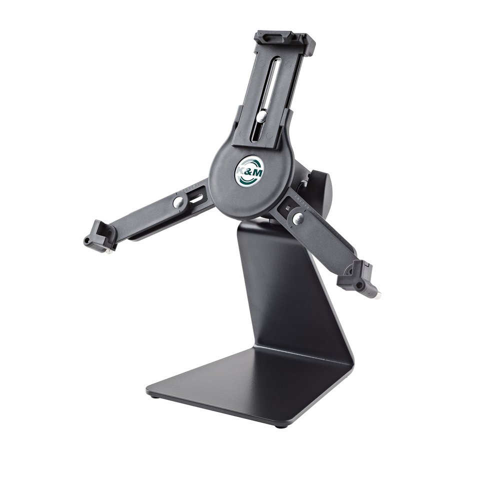 K&M Konig & Meyer 19792.016.55 Universal Tablet Holder Table/Desk Stand | Stable Base | Secure Snap Lock | Quick Release | Rotate Portrait/Landscape | Adjust Angle | Portable | German Made | Black