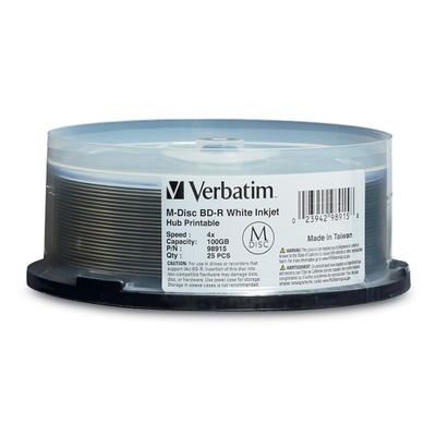 Verbatim M DISC BD-R 100GB 4X White Inkjet Hub Printable Blank Blu-Ray Recordable Media 25pk Spindle
