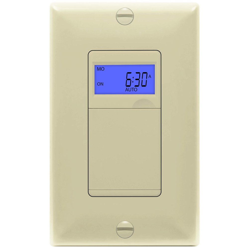 Enerlites 7 Days Digital in-Wall Programmable Timer Switch for Lights, Fans, and Motors, Single Pole, Neutral Wire Required, 7-Day 18 ON/Off Timer Settings, with Blue Backlight, HET01, Ivory