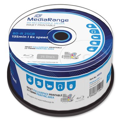 MEDIARANGE BD-R 25 GB 6X Write Speed, Full Surface Printable, 25 Cake Box