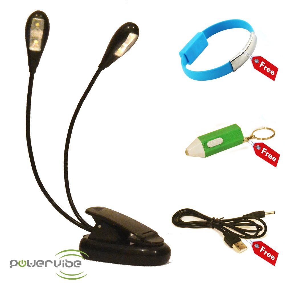 LED Book Light By Powervibe, Portable and Flexible Clip On Desk Reading Lamp, FREE Micro USB Bracelet, FREE Keyring Light, FREE USB Cord Included