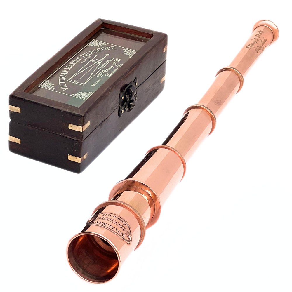 Vintage 1915 Copper Marine Telescope with Wooden Box Antique Royal Navy Spyglass Scope with Glass Cover for Nautical Decor, Collectors & Office Display