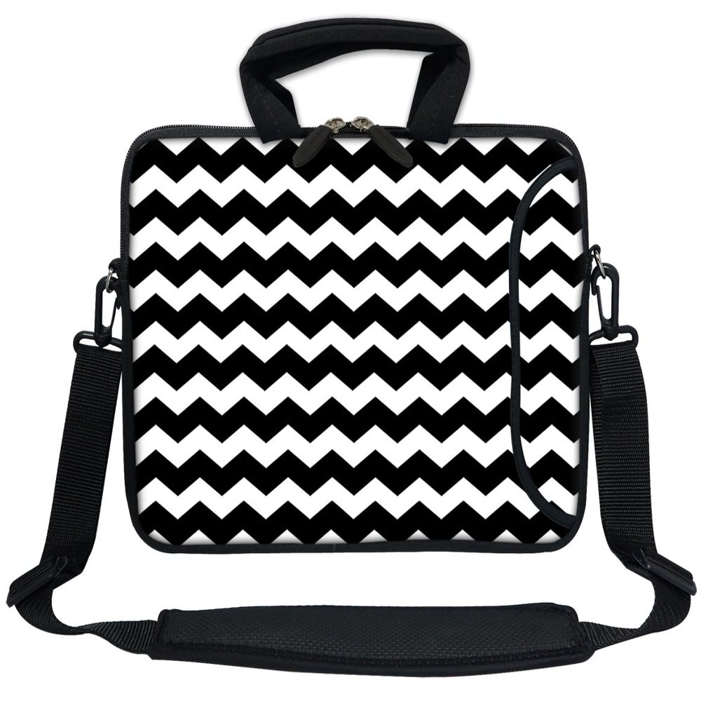 12 Inch Water Resistant Neoprene Laptop Bag with Reinforced Zipper, Strap, Pockets, Fits 11.6" to 12.3" Laptops - Black Chevron Pattern
