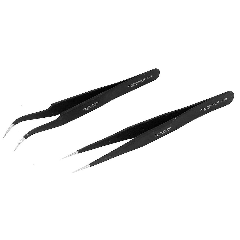 uxcell Hand Tool Pointed Straight Bent Tips Metal Tweezers Black 2Pcs